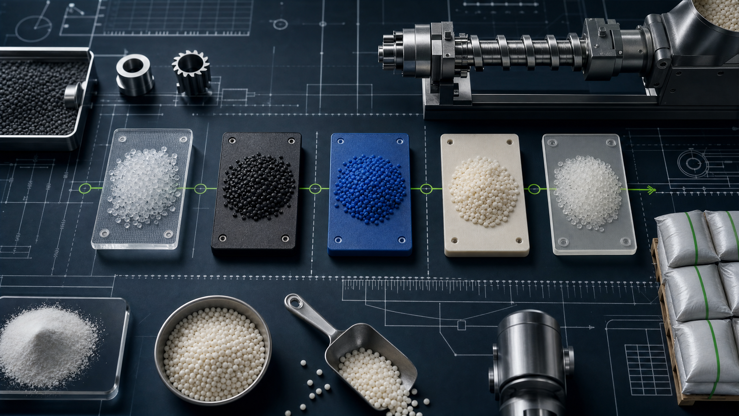 Custom polymer material sample cards on an engineering workbench